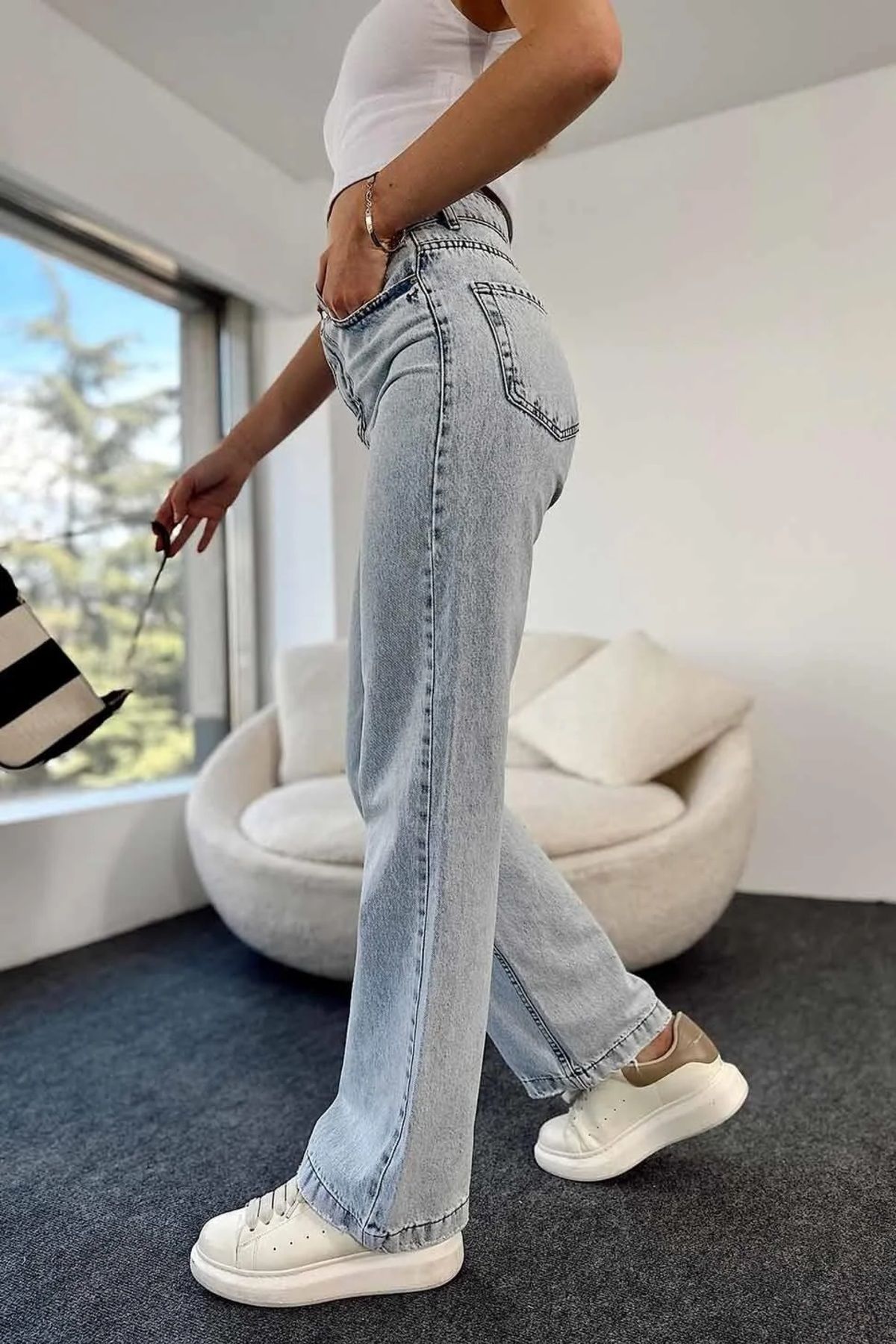 Lizbon Mavi Açık Kar Likralı Süper Yüksek Bel Salaş Jeans Palazzo Pantolon (SÜPER YÜKSEK) Wide Leg