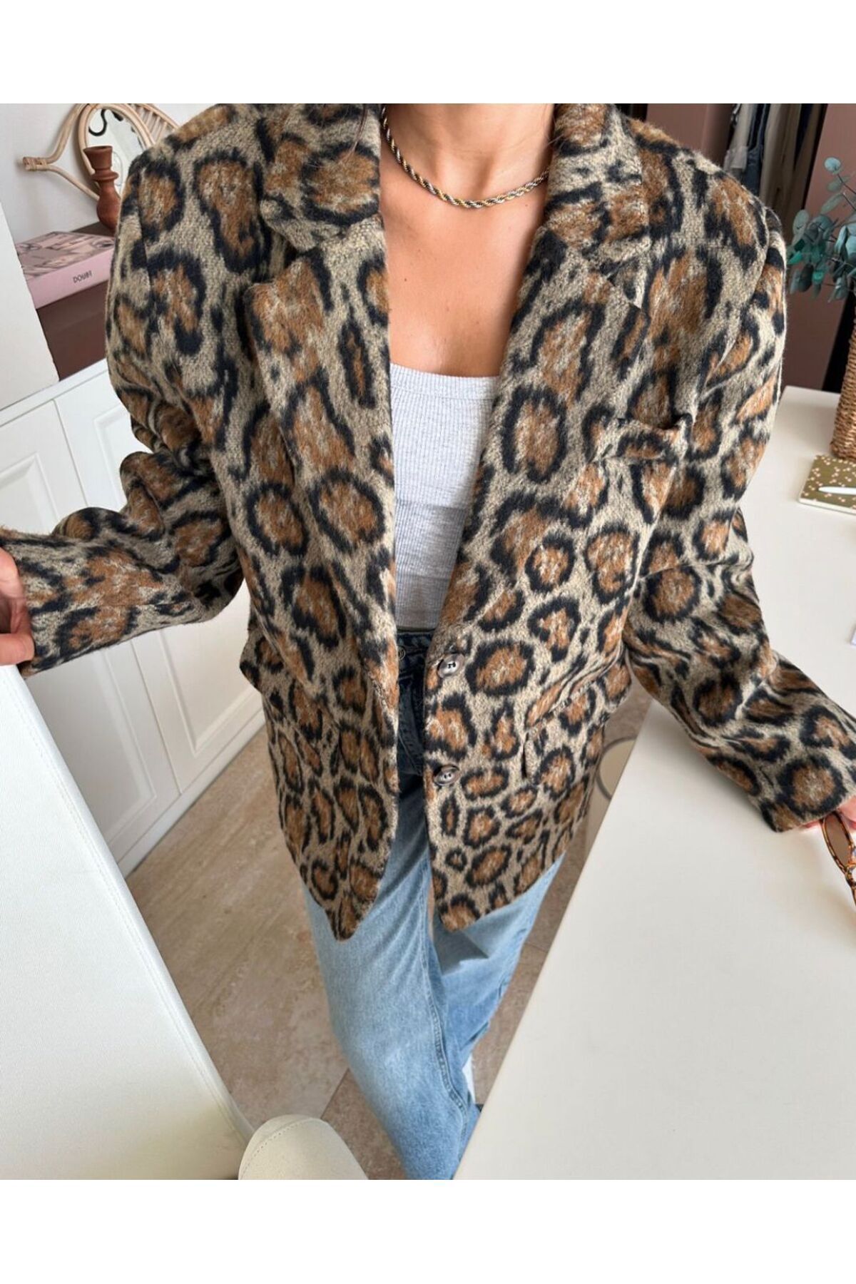 LEOPAR DESENLİ LÜX KAŞE BLAZER CEKET