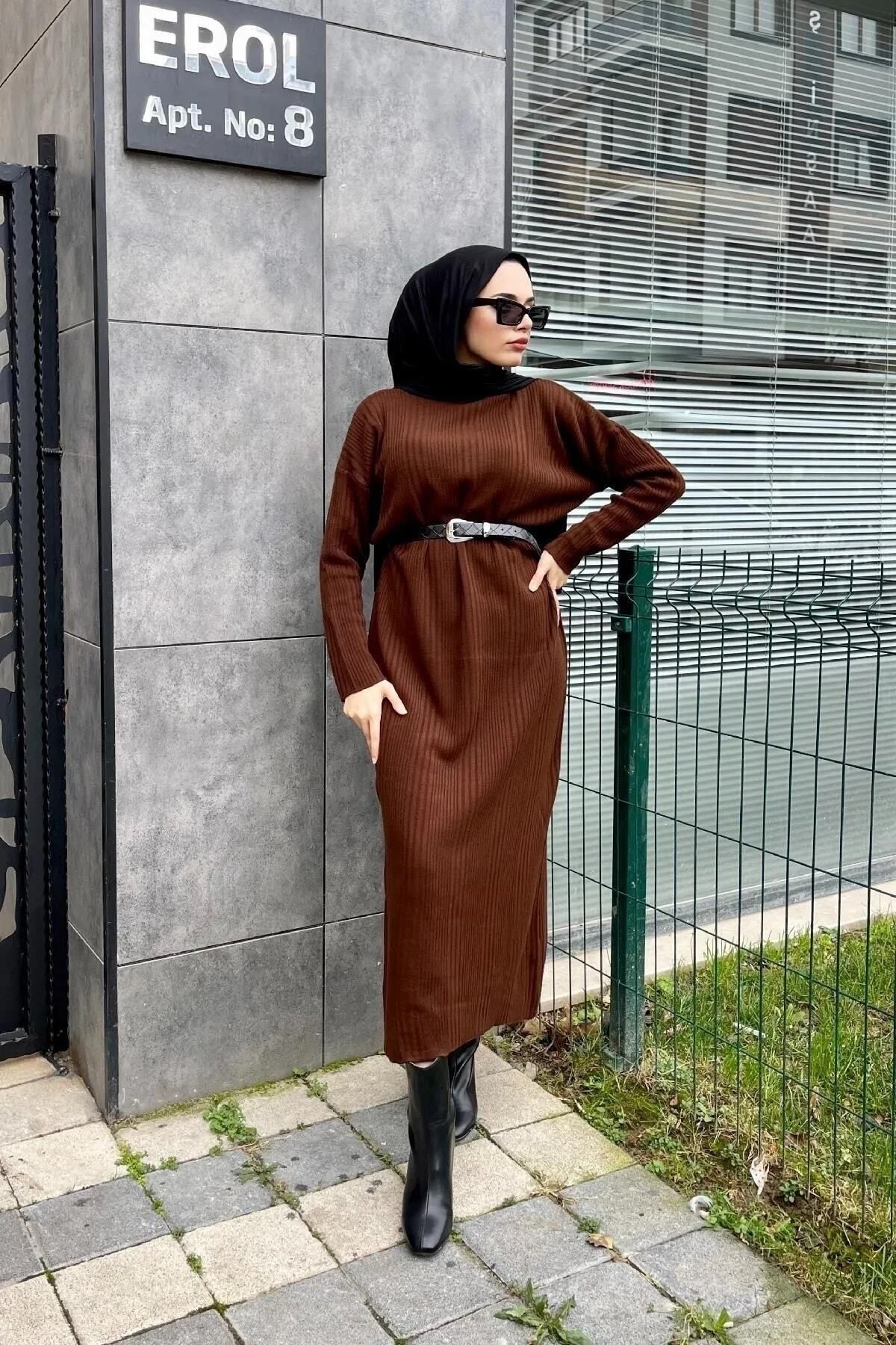 Ravza Fitil Detaylı Uzun Triko Tesettür Elbise Ravza Fitil Detaylı Uzun Triko Tesettür Elbise