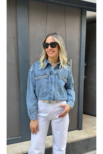 Taş Detaylı Kot Denim Ceket Taş Detaylı Kot Denim Ceket