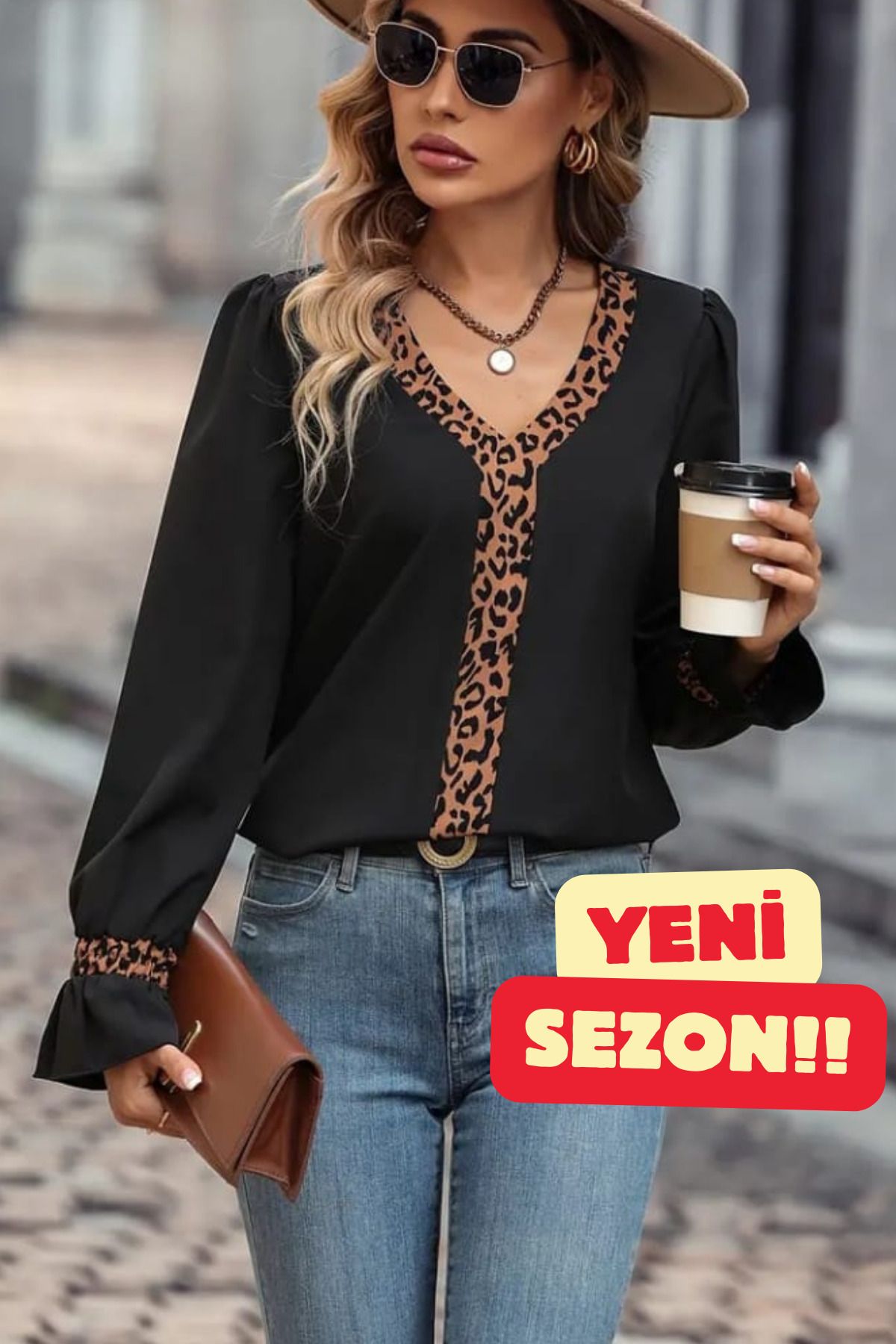 ~YENİ SEZON~Kadın V Yakalı Leoparlı Şık Bluz