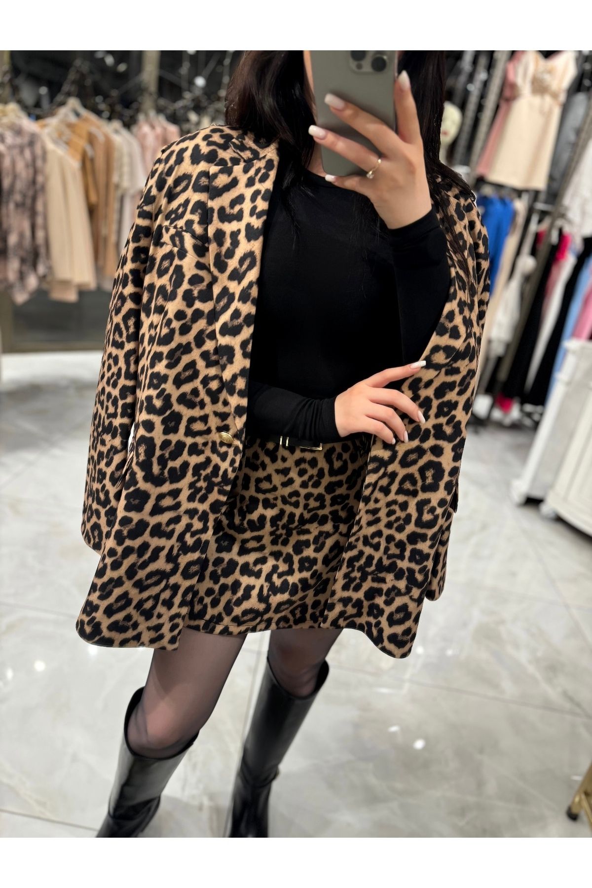 Morni Leopar Desenli Oversize Boyfriend Kesim Blazer