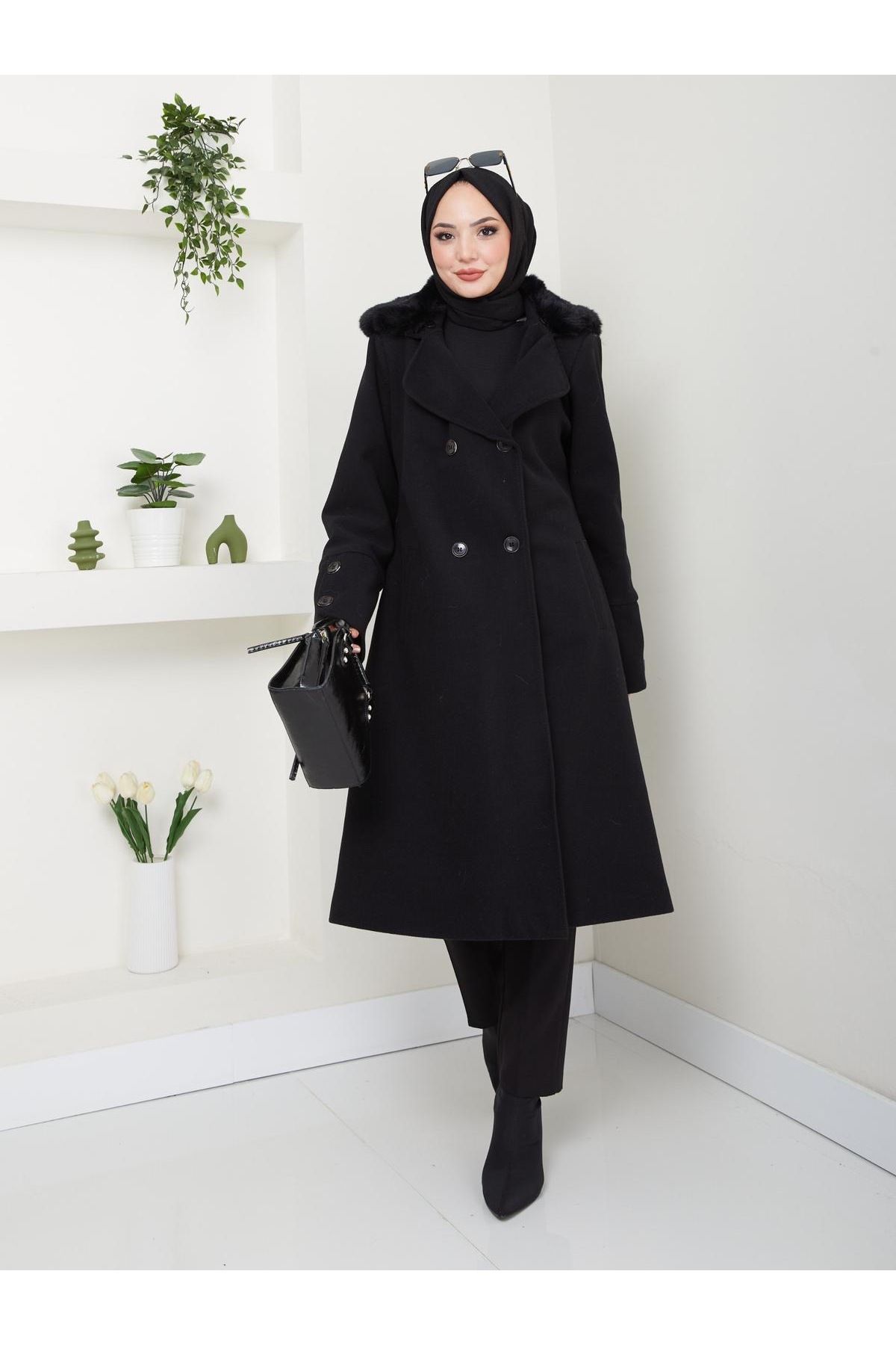 Yakası Kürklü Kaşe Kaban CK-1007 Yakası Kürklü Kaşe Kaban CK-1007