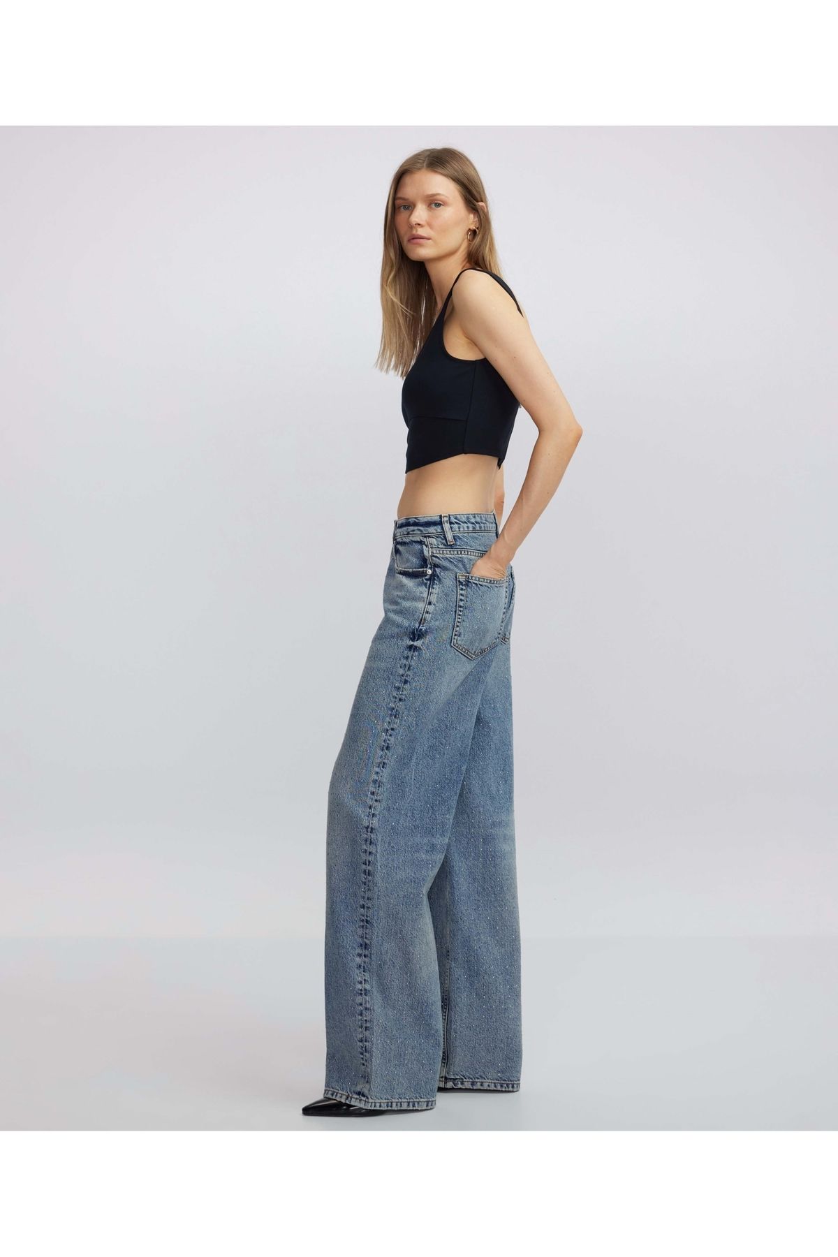 Hotfix baskılı wide leg fit jean pantolon