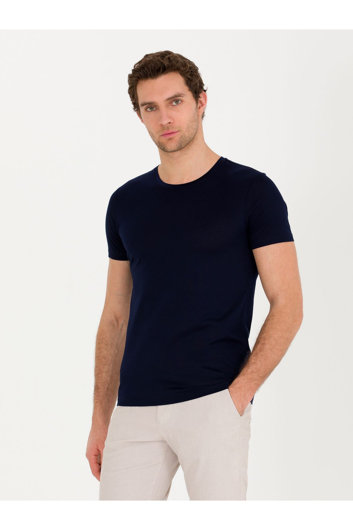 Lacivert Bisiklet Yaka Slim Fit Merserize T-shirt 50267666-VR033