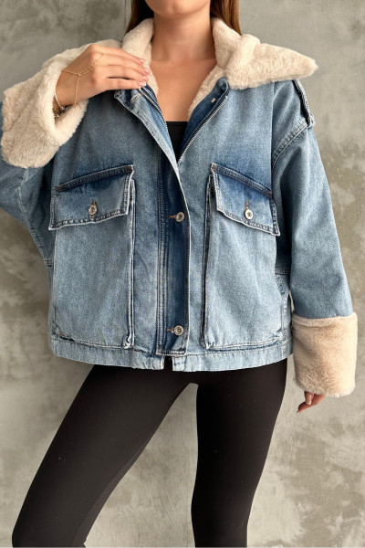 Peluş Detaylı Mavi Kot Ceket Peluş Detaylı Mavi Kot Ceket