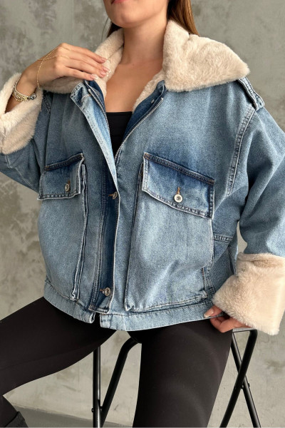Peluş Detaylı Mavi Kot Ceket Peluş Detaylı Mavi Kot Ceket