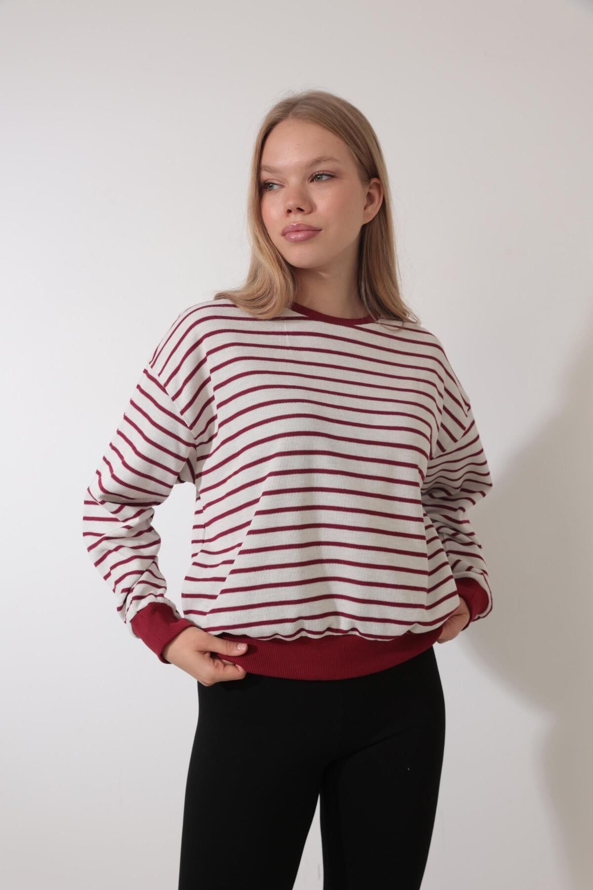 Bordo Çizgili Bisiklet Yaka Selanik Sweatshirt - 2433