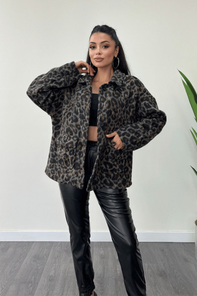 Leopar Desenli Kaşe Kumaş Kaban - KAHVERENGİ Leopar Desenli Kaşe Kumaş Kaban - KAHVERENGİ