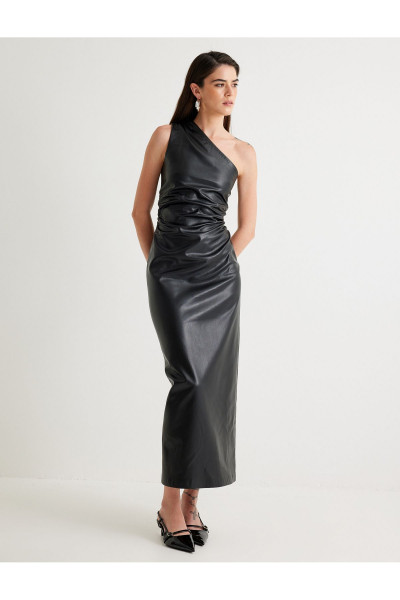 Suni Deri Tek Omuz Slip Elbise Uzun Drapeli Suni Deri Tek Omuz Slip Elbise Uzun Drapeli