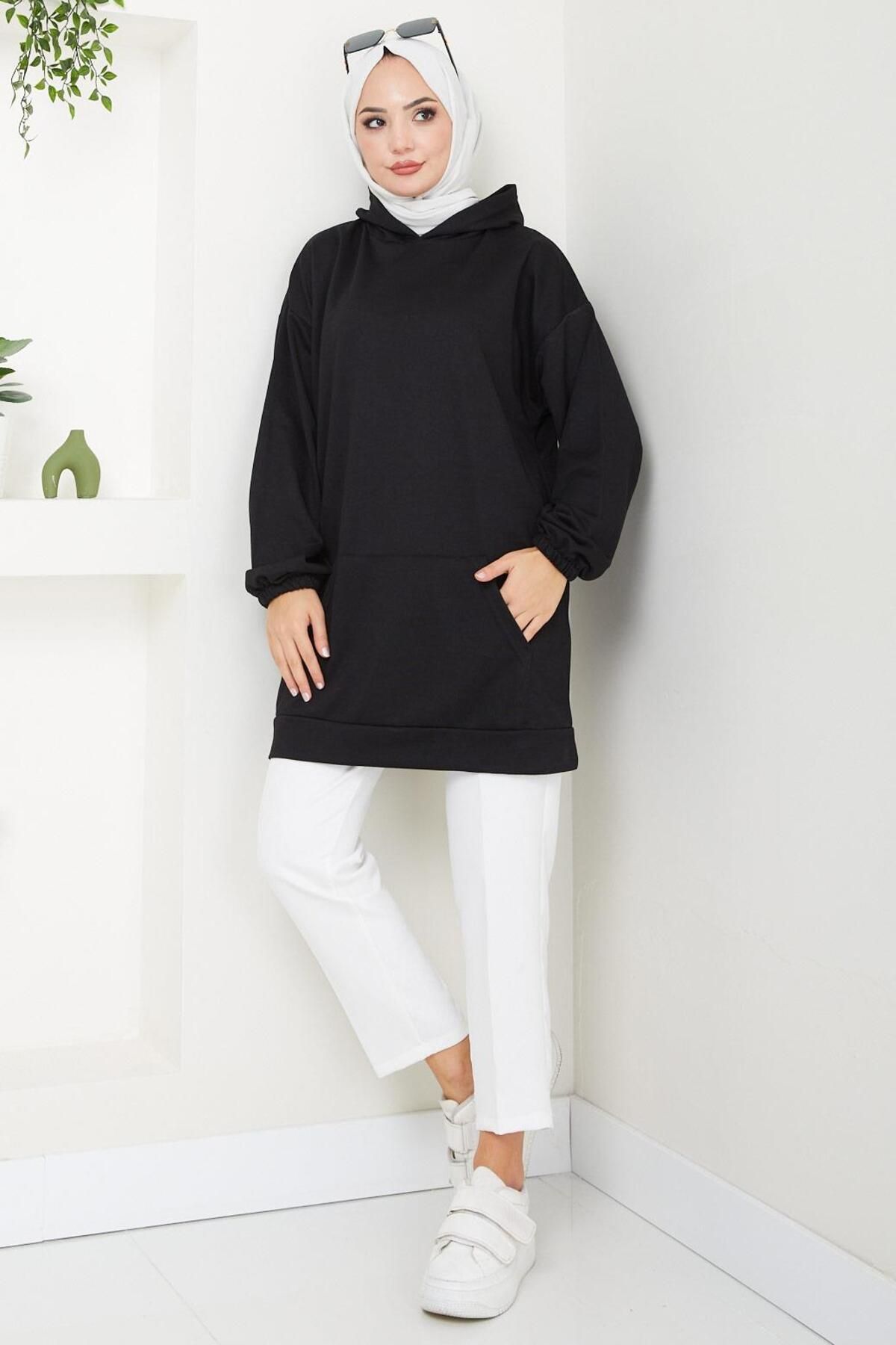 Kanguru Cepli Kapüşonlu Sweatshirt Tunik Siyah HM2510 Kanguru Cepli Kapüşonlu Sweatshirt Tunik Siyah HM2510