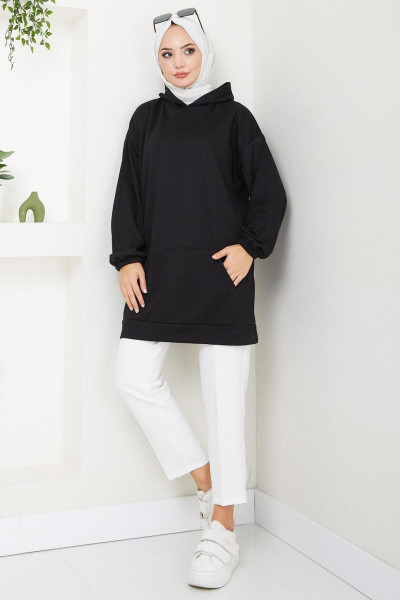 Kanguru Cepli Kapüşonlu Sweatshirt Tunik Siyah HM2510 Kanguru Cepli Kapüşonlu Sweatshirt Tunik Siyah HM2510
