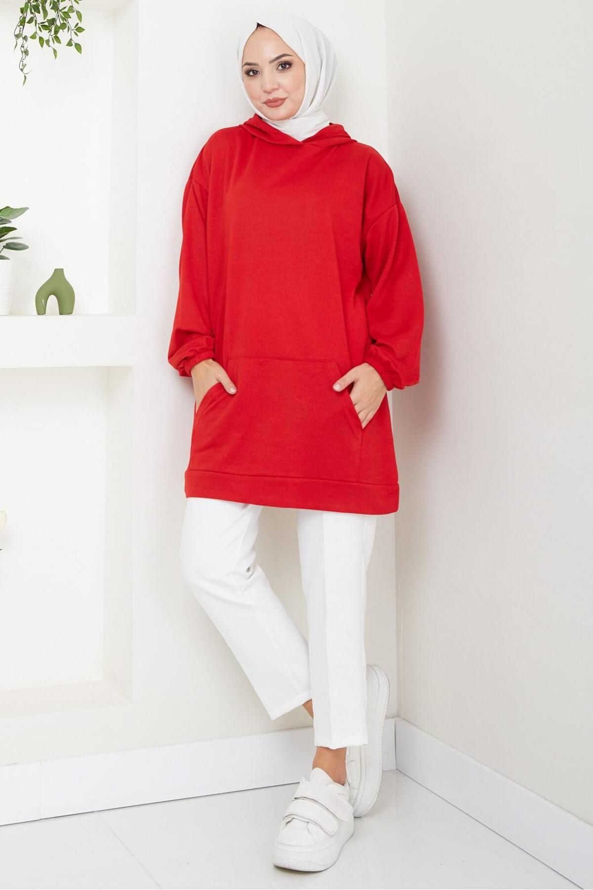 Kanguru Cepli Kapüşonlu Sweatshirt Tunik Kırmızı HM2510 Kanguru Cepli Kapüşonlu Sweatshirt Tunik Kırmızı HM2510