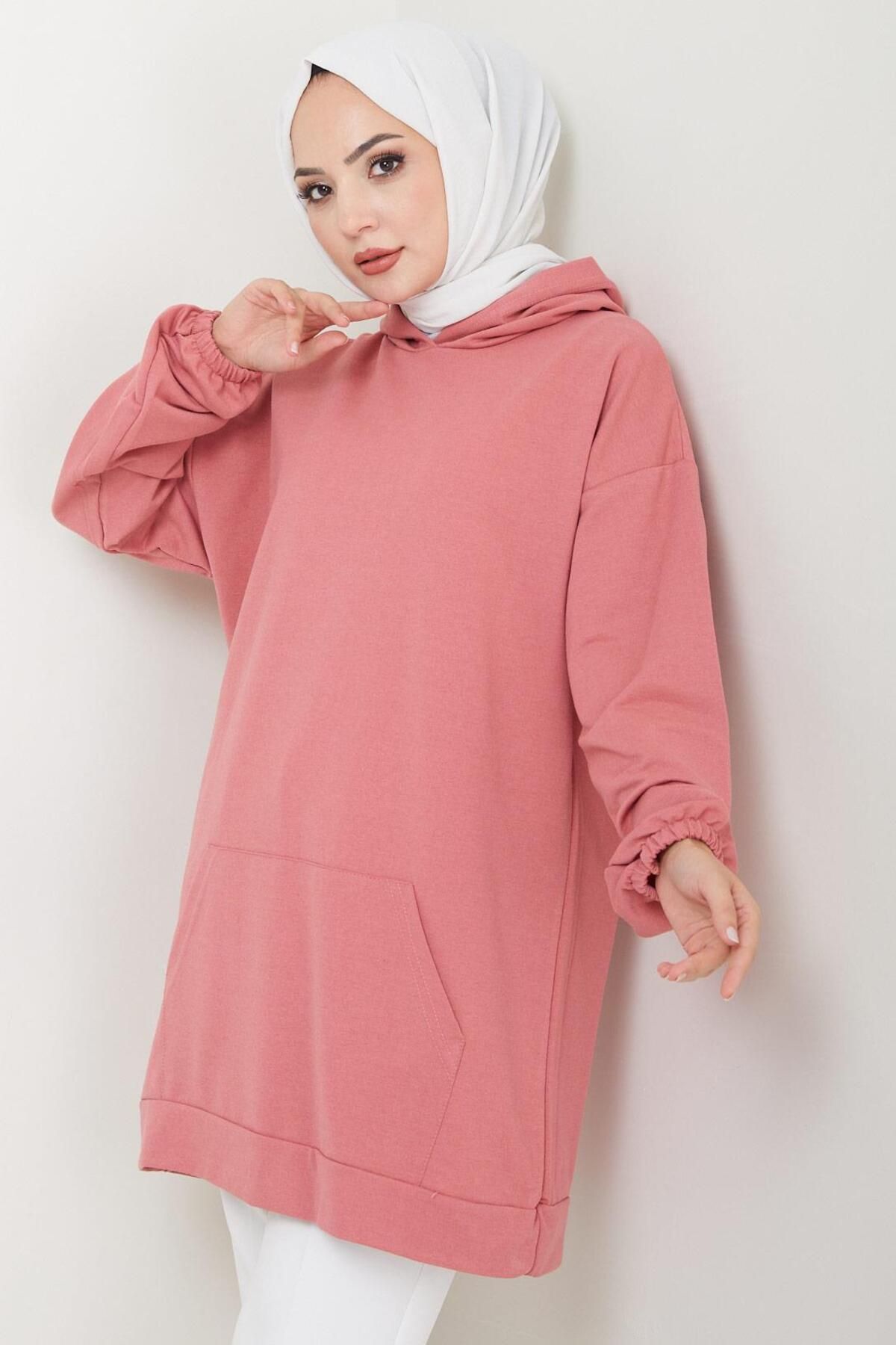 Kanguru Cepli Kapüşonlu Sweatshirt Tunik Gül Kurusu HM2510