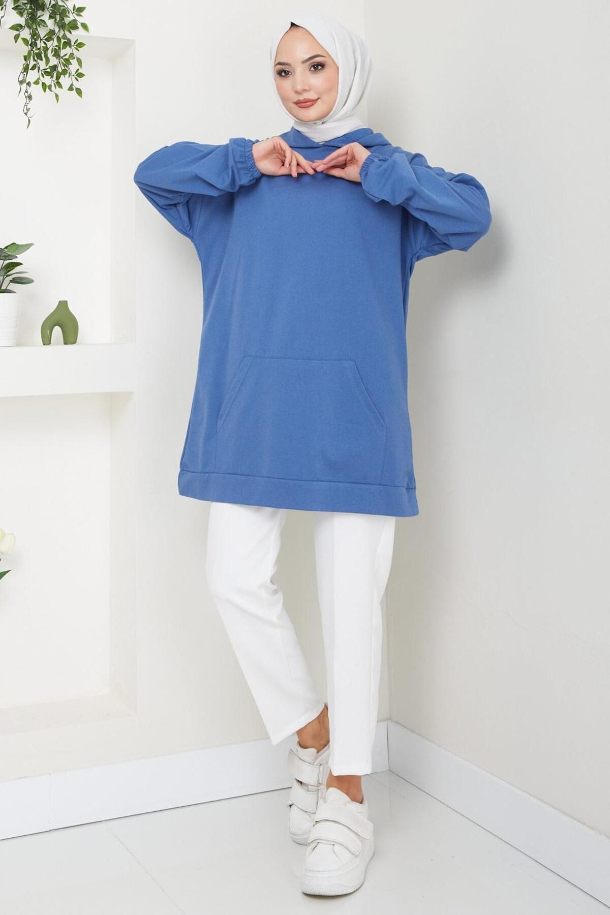 Kanguru Cepli Kapüşonlu Sweatshirt Tunik İndigo HM2510 Kanguru Cepli Kapüşonlu Sweatshirt Tunik İndigo HM2510