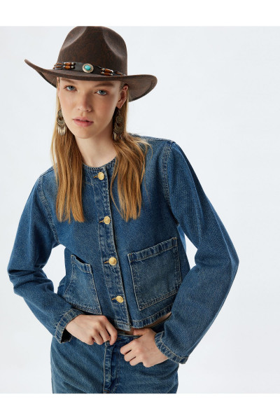 Kot Ceket Cep Detaylı Düğmeli Yuvarlak Yaka Slim Fit Pamuklu Kot Ceket Cep Detaylı Düğmeli Yuvarlak Yaka Slim Fit Pamuklu