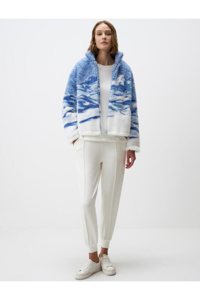 Mavi Balıkçı Yaka Kış Desenli Fermuarlı Peluş Ceket Mavi Balıkçı Yaka Kış Desenli Fermuarlı Peluş Ceket