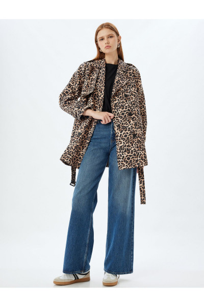 Kruvaze Kemerli Leopar Desenli Trençkot Kruvaze Kemerli Leopar Desenli Trençkot