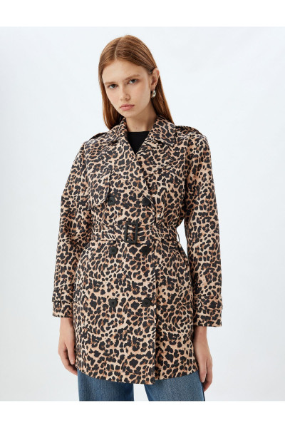 Kruvaze Kemerli Leopar Desenli Trençkot Kruvaze Kemerli Leopar Desenli Trençkot