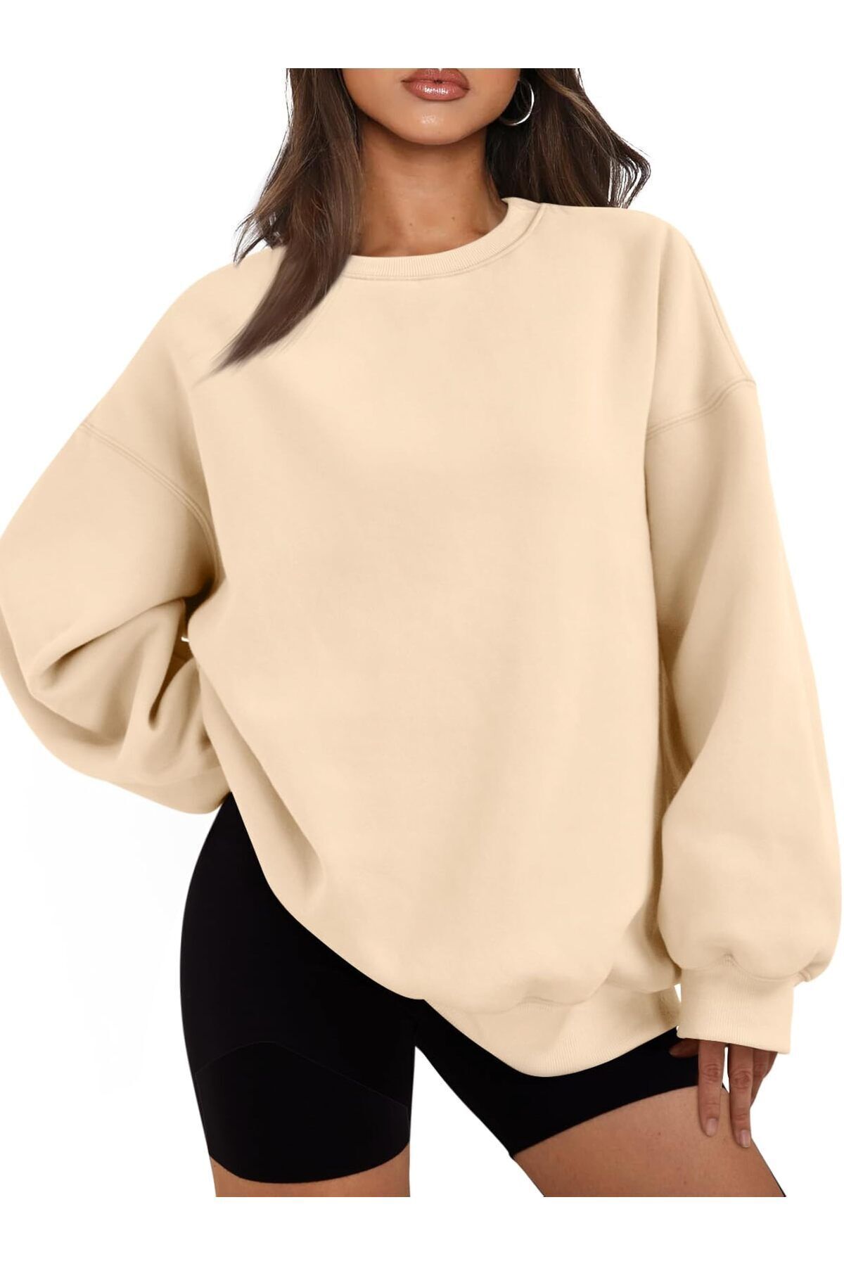 Kadın Bisiklet Yaka Basic Oversize Sweatshirt BEJ