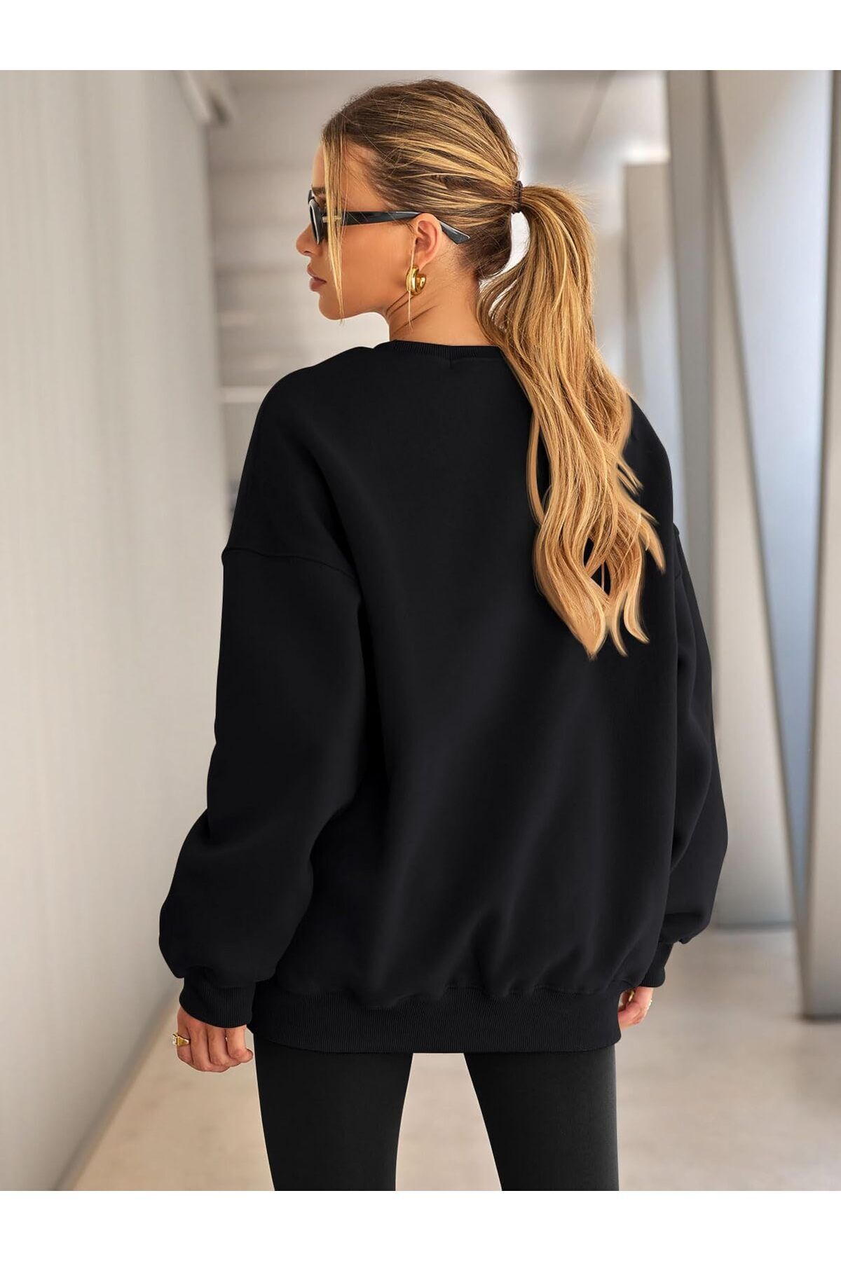 Kadın Bisiklet Yaka Basic Oversize Sweatshirt SİYAH