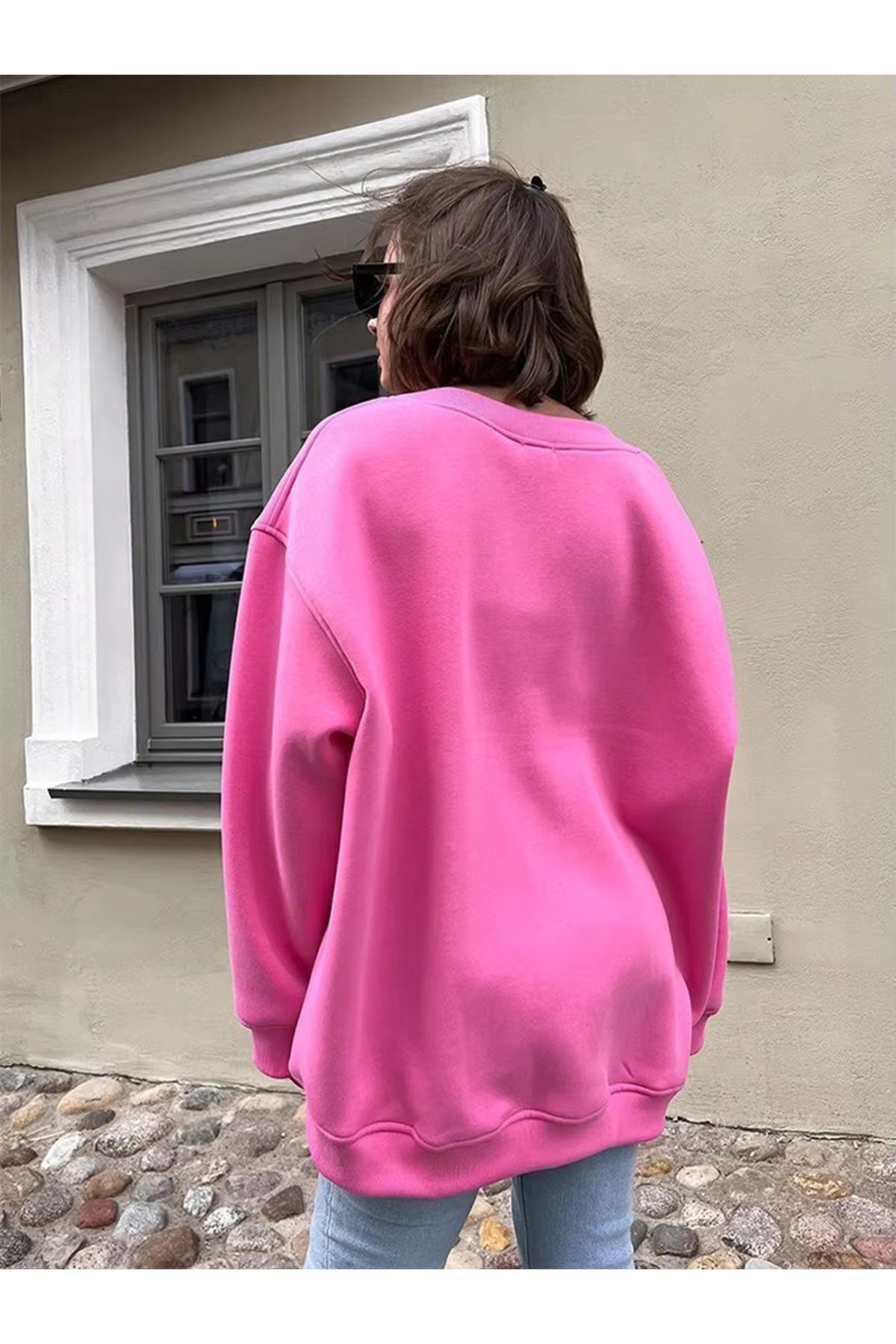 Kadın Bisiklet Yaka İçi Şardonlu, Kışlık Yumuşak Bol Sweatshirt PEMBE