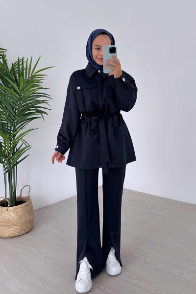 Kuşak Detay Modern İkili Scuba Takım - Lacivert Kuşak Detay Modern İkili Scuba Takım - Lacivert