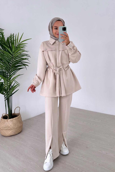 Kuşak Detay Modern İkili Scuba Takım - Bej