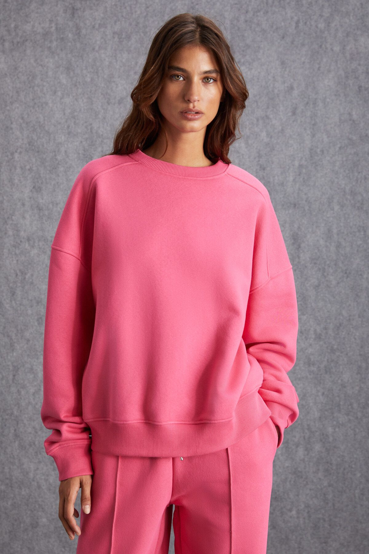 Nordıa Kadın Organik Pamuk 3 Iplik Örme Oversize Pembe Sweatshirt