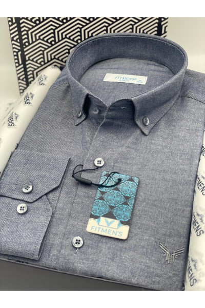 Slim Fit Uzun Kol Pamuklu Hediye Kutulu Kolay Ütülenebilir Erkek Gömlek - Indigo Slim Fit Uzun Kol Pamuklu Hediye Kutulu Kolay Ütülenebilir Erkek Gömlek - Indigo