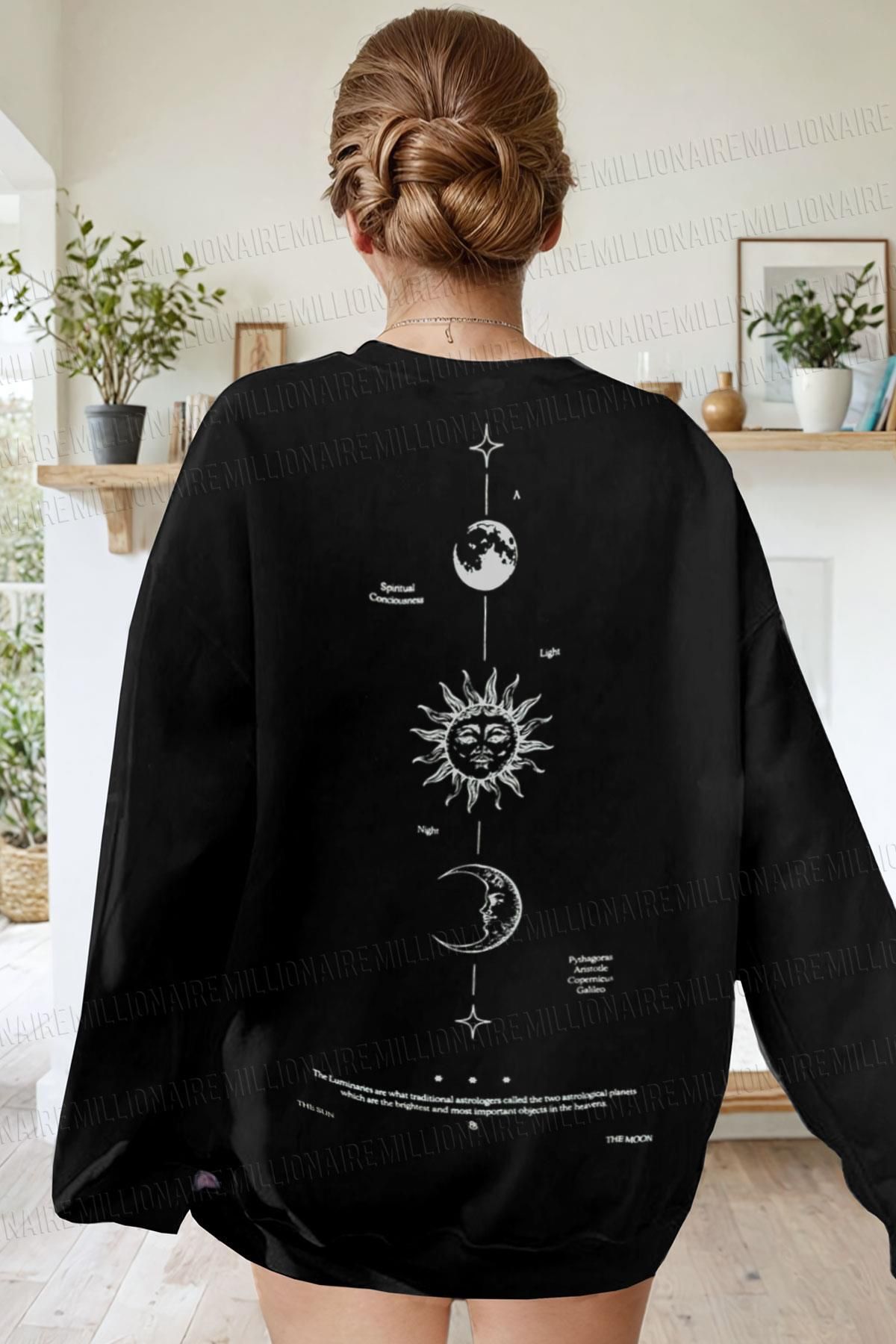 Kadın Siyah The Moon Baskılı Kalın Soft 3 İplik içi Şardonlu 0 Sıfır Yaka Oversize Salaş Sweatshirt