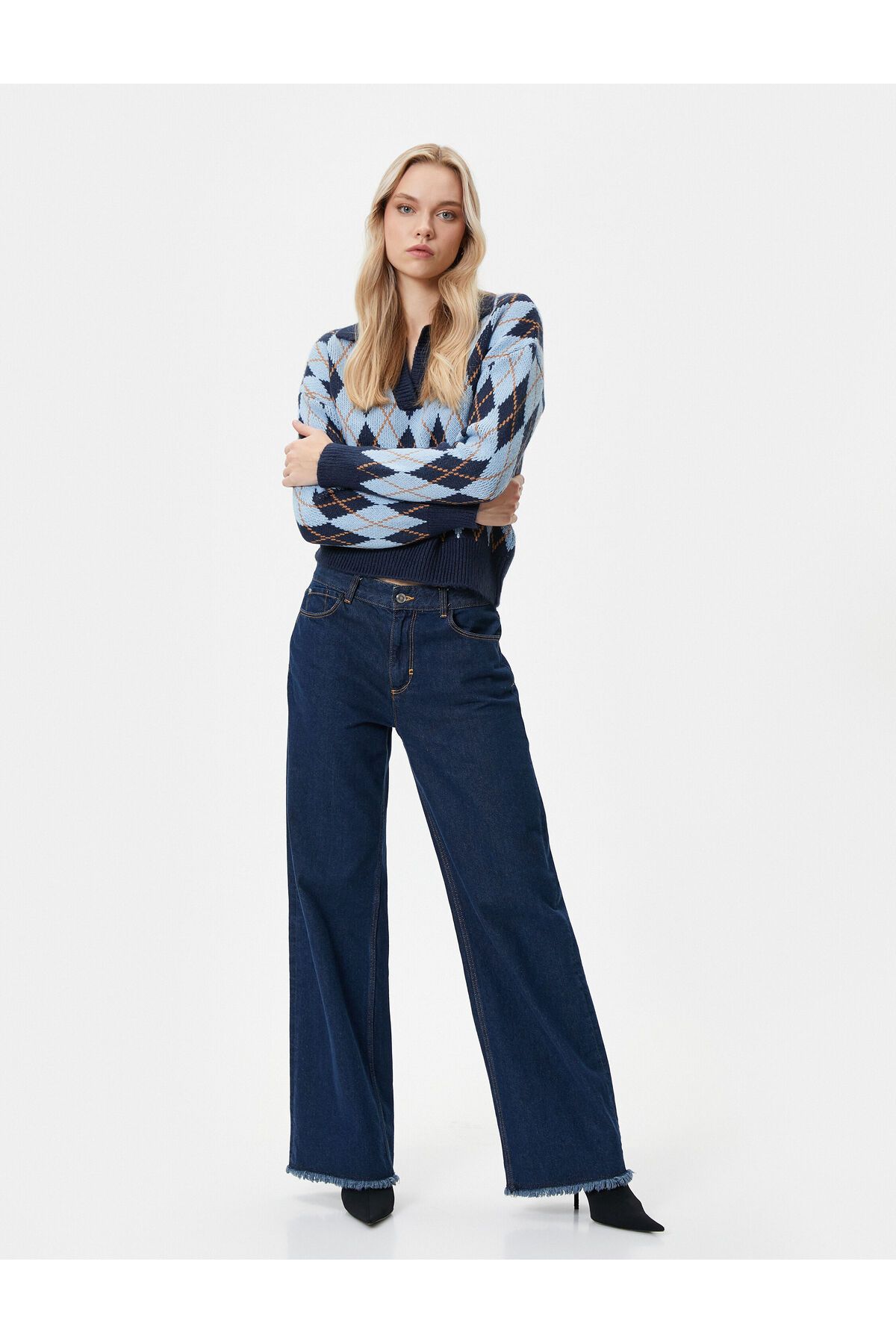 Oversize Kazak Polo Yaka Baklava Desenli Oversize Kazak Polo Yaka Baklava Desenli