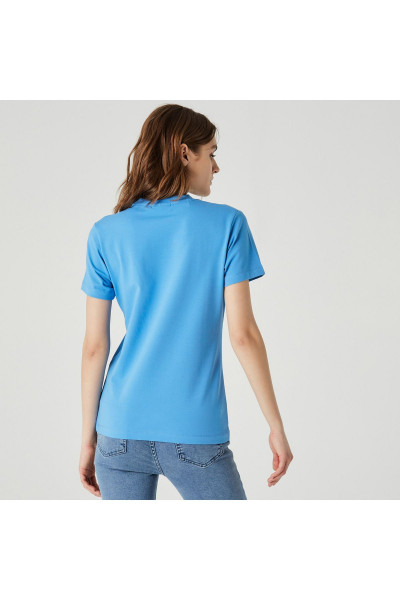 Kadın Slim Fit Bisiklet Yaka Baskılı Mavi T-shirt Kadın Slim Fit Bisiklet Yaka Baskılı Mavi T-shirt