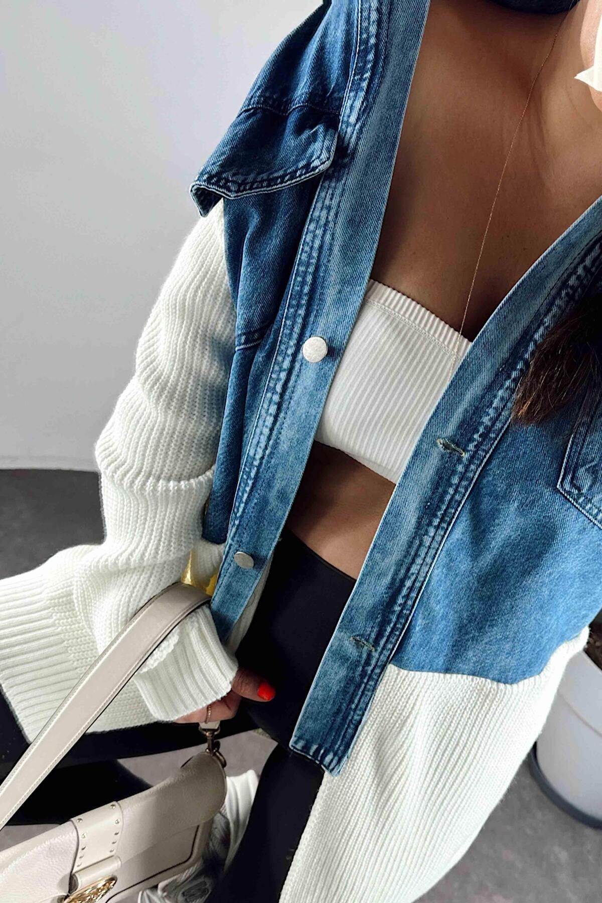 Kalın Örme Denim Detay Uzun Kadın Hırka Ekru Kalın Örme Denim Detay Uzun Kadın Hırka Ekru