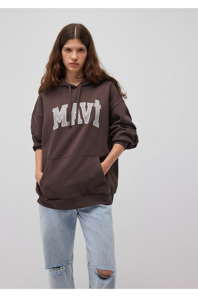 Logo Baskılı Kapüşonlu Kahverengi Sweatshirt 1600361-70222 Logo Baskılı Kapüşonlu Kahverengi Sweatshirt 1600361-70222