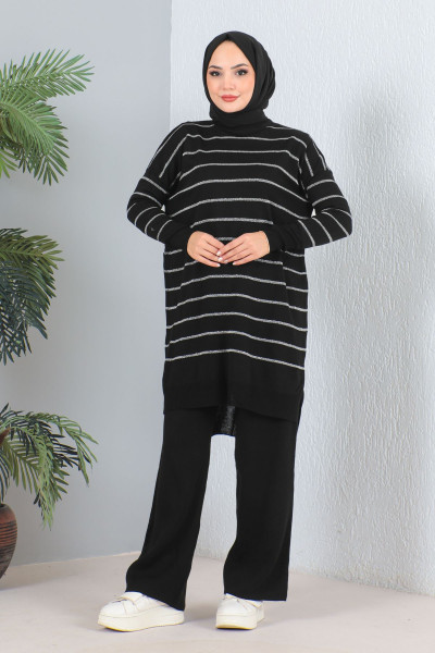 Simli Çizgili Tunik Pantolon Triko Takım - Siyah Simli Çizgili Tunik Pantolon Triko Takım - Siyah
