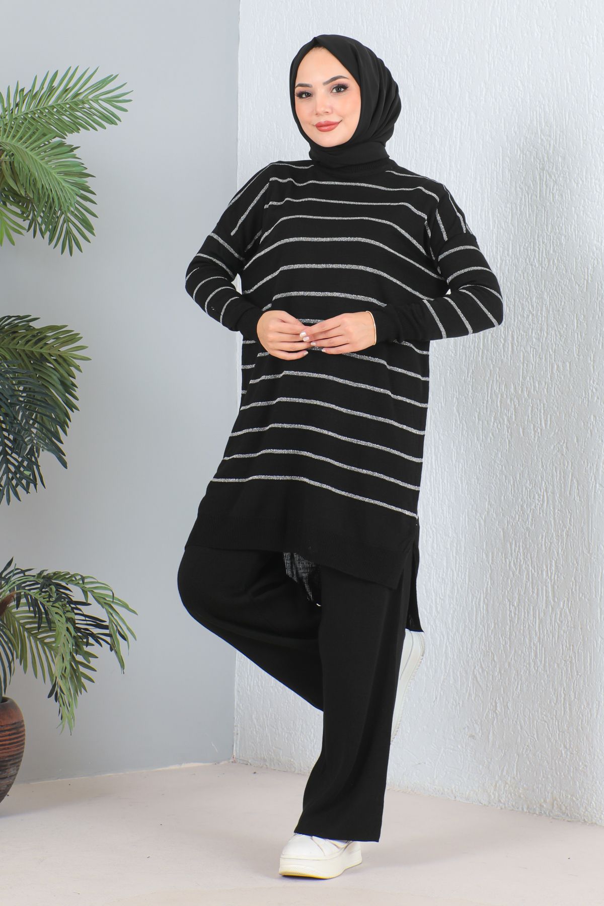 Simli Çizgili Tunik Pantolon Triko Takım - Siyah Simli Çizgili Tunik Pantolon Triko Takım - Siyah