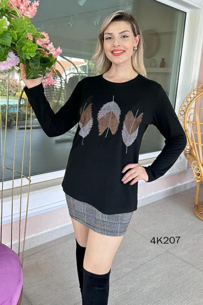 Yaprak Taş Baskılı Kaşmir Bluz 4K207