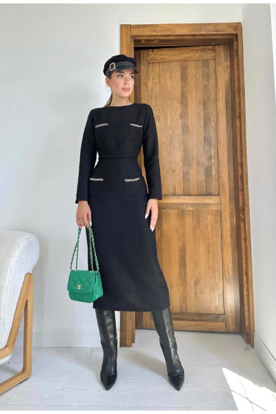 Siyah Cepleri Zincirli Tüvit Bluz Etek Takım Siyah Cepleri Zincirli Tüvit Bluz Etek Takım