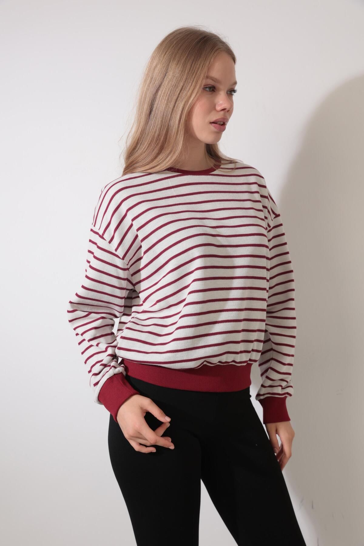 Bordo Çizgili Bisiklet Yaka Selanik Sweatshirt - 2433