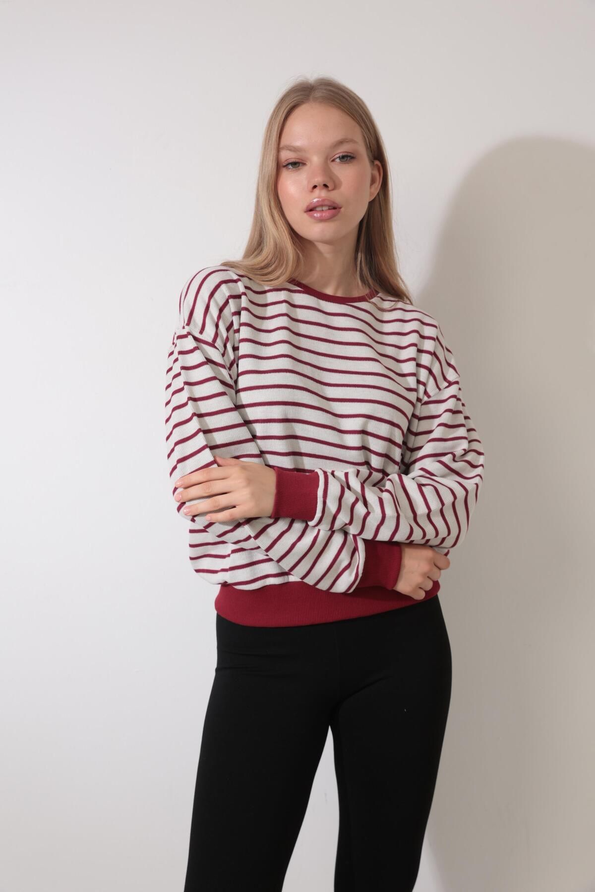 Bordo Çizgili Bisiklet Yaka Selanik Sweatshirt - 2433