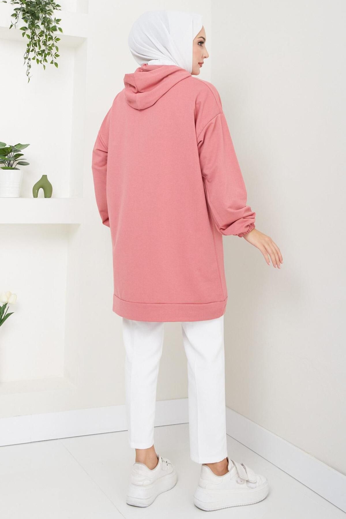 Kanguru Cepli Kapüşonlu Sweatshirt Tunik Gül Kurusu HM2510