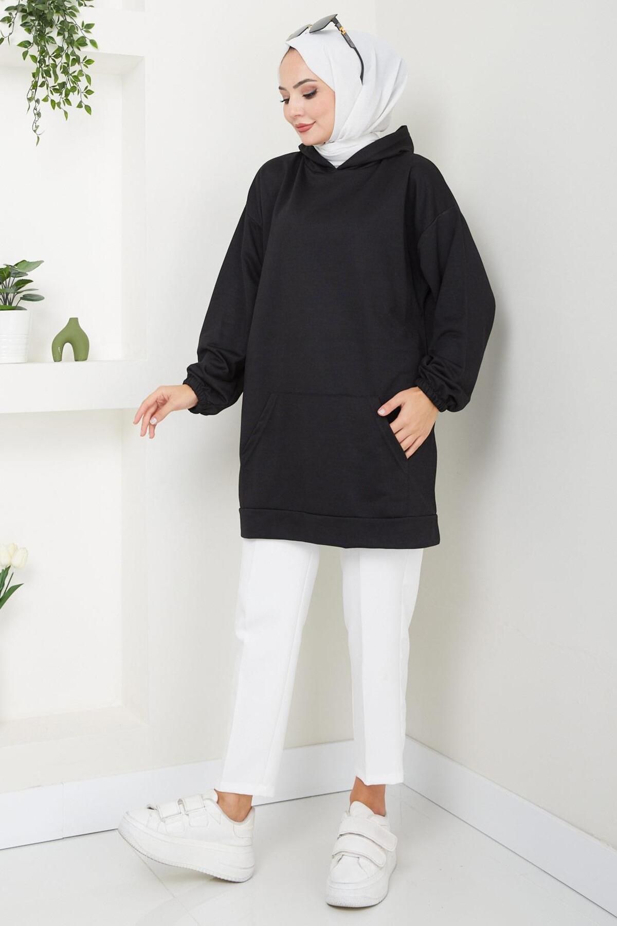 Kanguru Cepli Kapüşonlu Sweatshirt Tunik Siyah HM2510 Kanguru Cepli Kapüşonlu Sweatshirt Tunik Siyah HM2510