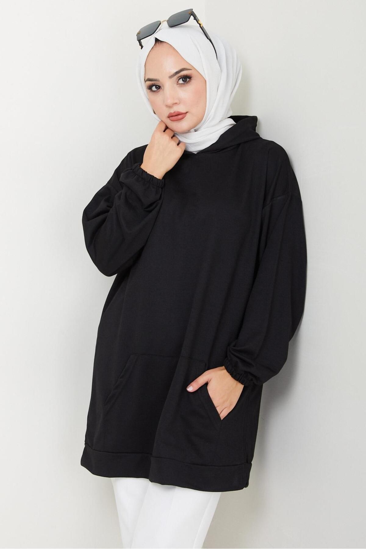 Kanguru Cepli Kapüşonlu Sweatshirt Tunik Siyah HM2510 Kanguru Cepli Kapüşonlu Sweatshirt Tunik Siyah HM2510