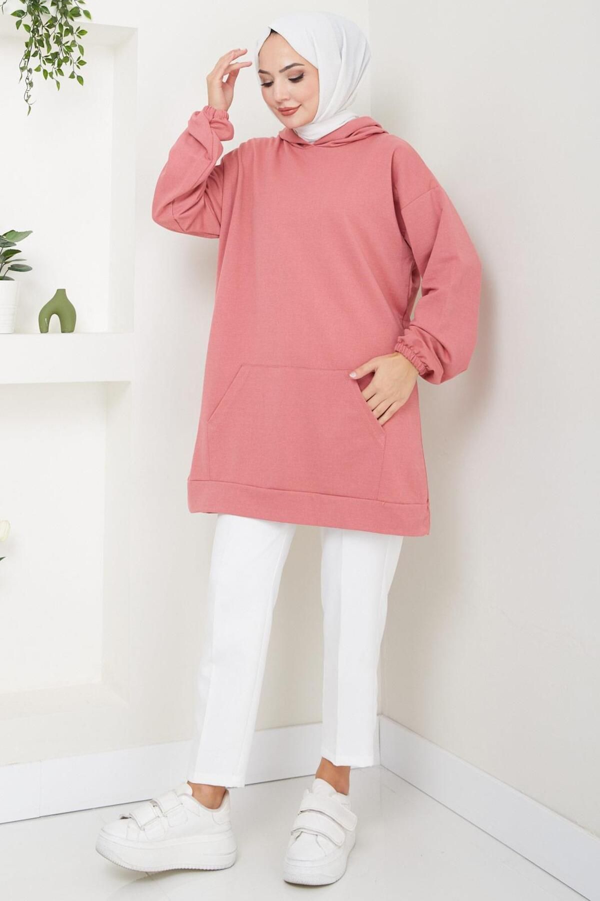 Kanguru Cepli Kapüşonlu Sweatshirt Tunik Gül Kurusu HM2510 Kanguru Cepli Kapüşonlu Sweatshirt Tunik Gül Kurusu HM2510