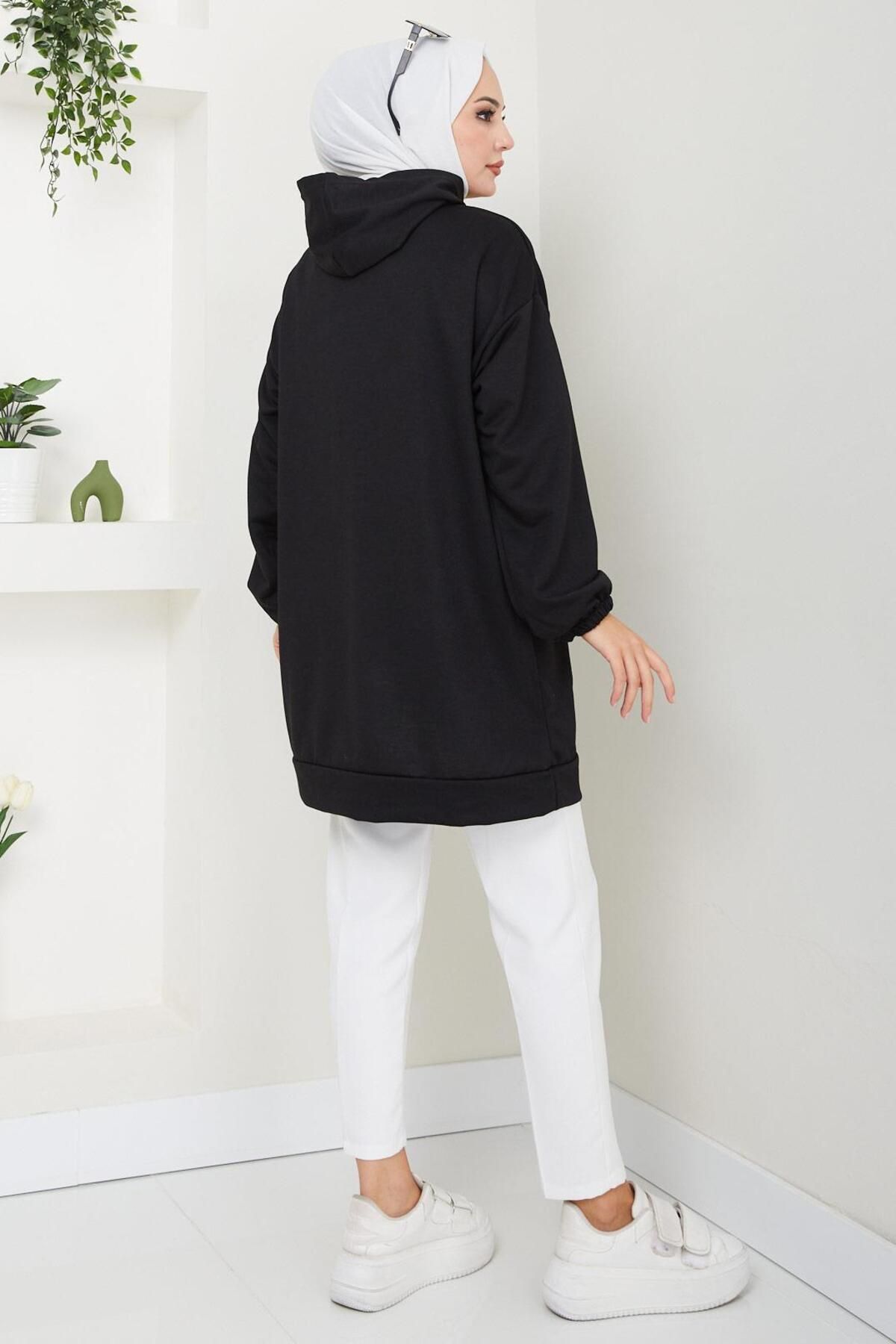 Kanguru Cepli Kapüşonlu Sweatshirt Tunik Siyah HM2510 Kanguru Cepli Kapüşonlu Sweatshirt Tunik Siyah HM2510