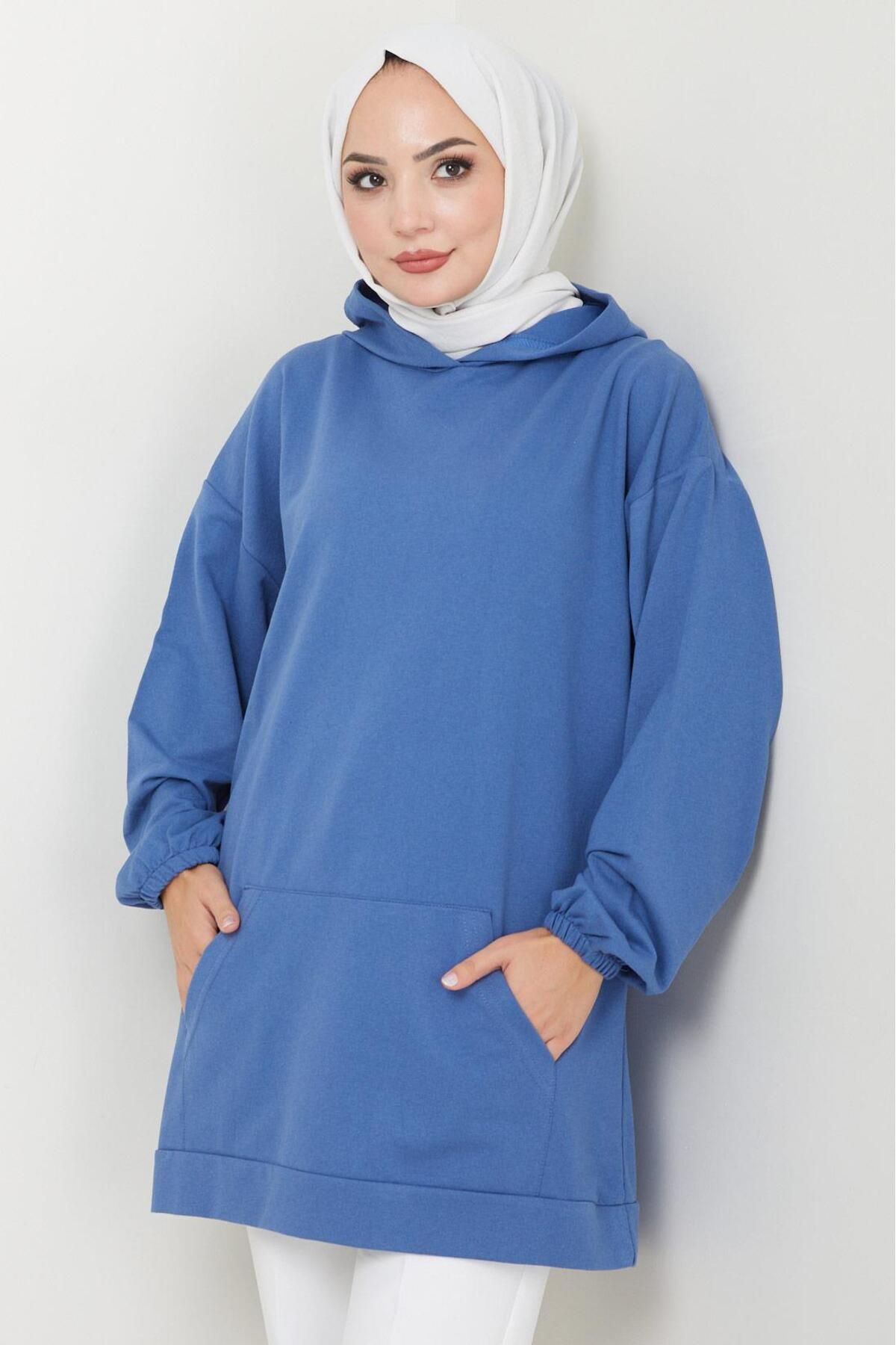 Kanguru Cepli Kapüşonlu Sweatshirt Tunik İndigo HM2510 Kanguru Cepli Kapüşonlu Sweatshirt Tunik İndigo HM2510