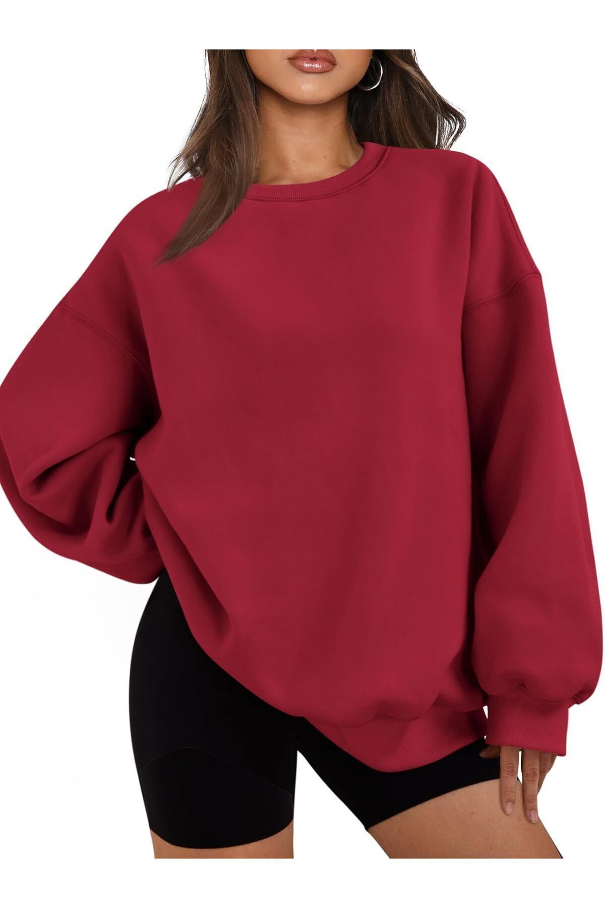 Kadın Bisiklet Yaka Basic Oversize Sweatshirt KIRMIZI