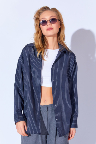 Modal Soft Dokulu Lüx Çizgili Rahat Kesim Kadın Gömlek | Lacivert MKW169403-01