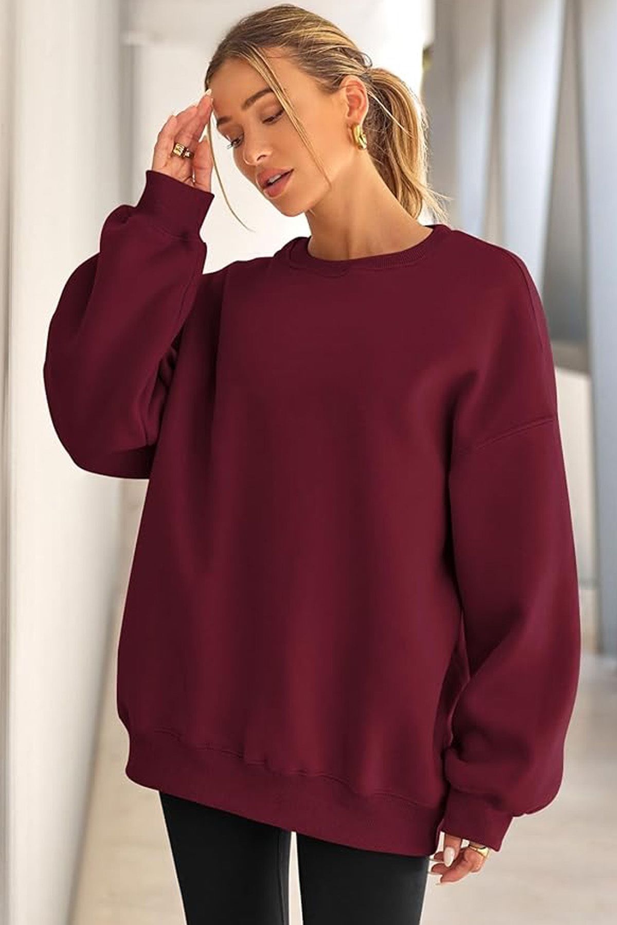 Kadın Bisiklet Yaka Basic Oversize Sweatshirt BORDO